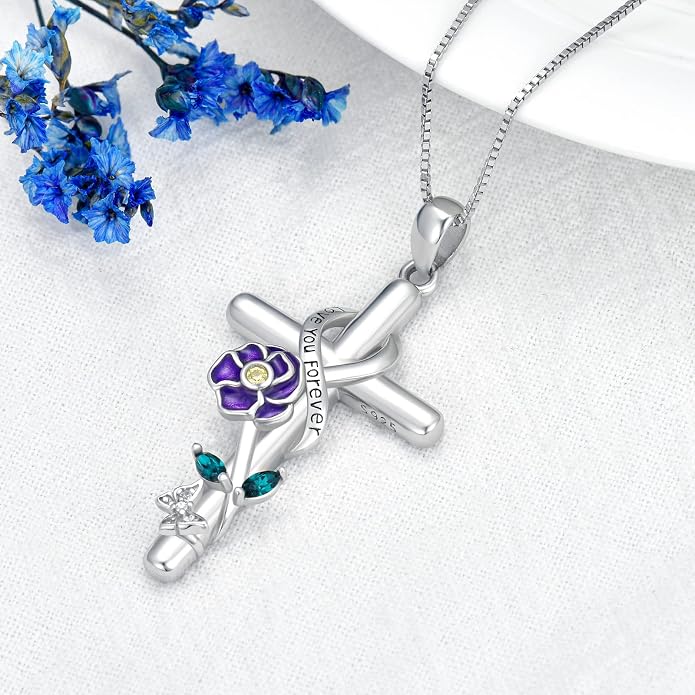 Cross Necklace for Women 925 Sterling Silver I Love You Necklace Religious Jewelry with Gift Box for Mother Daughter