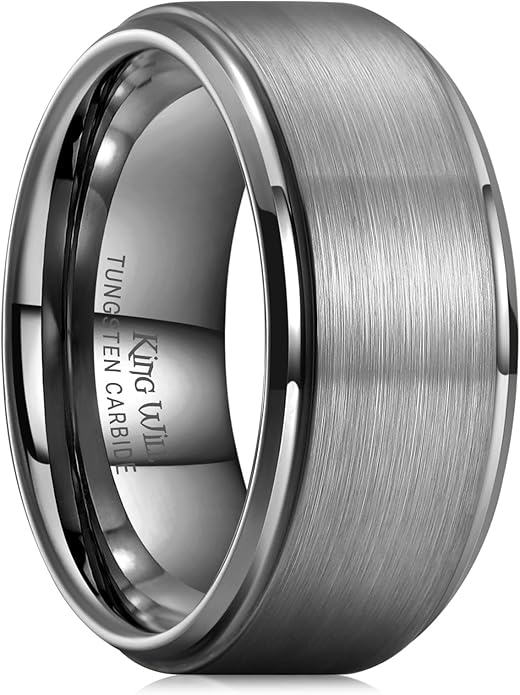 King Will Classic Tungsten Wedding Band for Men, 6/7/8/9/10mm Widths, Polished Finish Step Edge Matte Rings Comfort Fit