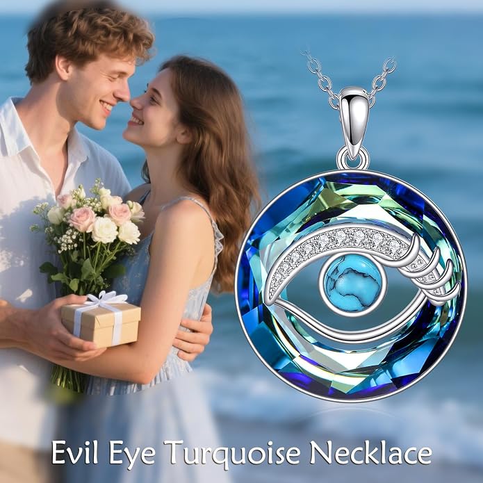 TOUPOP Evil Eye Necklace 925 Sterling Silver Tree of Life/Turquoise Evil Eye Crystal Pendant Necklace Protection Jewelry Amulet Christmas Gifts for Women Her