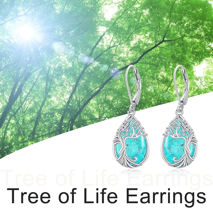 Odinstone 925 Sterling Silver Earrings Tree of Life Teardrop Moonstone Dangle Drop Leverback Earrings for Women