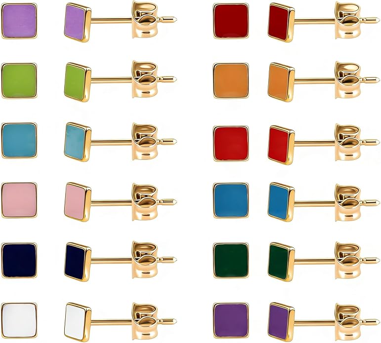 JMLOON 12 Pairs Enamel Flat Back Stud Earrings Surgical Stainless Steel Round Heart Star Square Hexagon Screw Back Stud Earrings