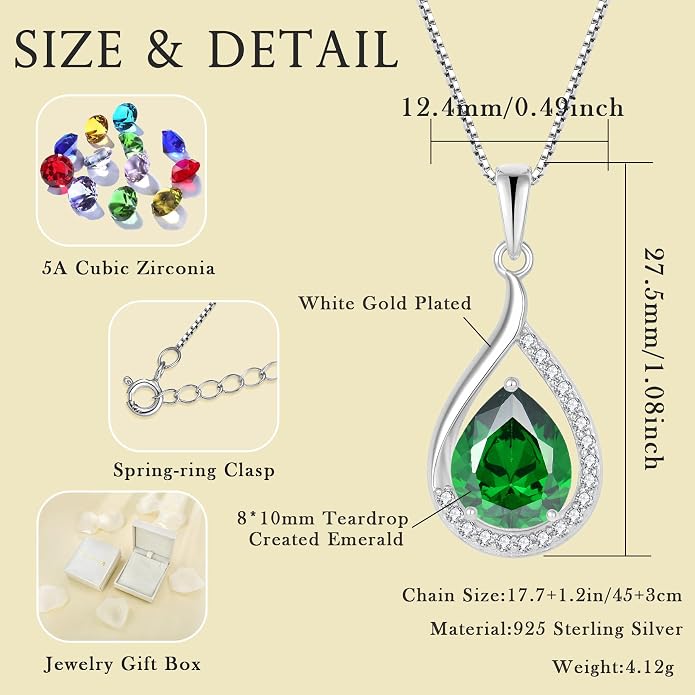 Teardrop Birthstone Necklace for Women 925 Sterling Silver White/Yellow Gold Plated Cubic Zirconia Pendant Necklace Jewelry for Her