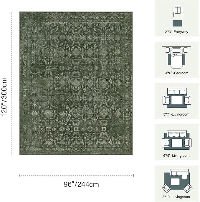 Rugxara Green 8x10 Area Rugs for Living Room Bedroom Large Washable Rug | Non Slip, Rug for Dining Room Bedroom Office Kids Room, Stain Resistant, Soft, Low Pile, Vintage Boho Retro Carpet,Home Decor