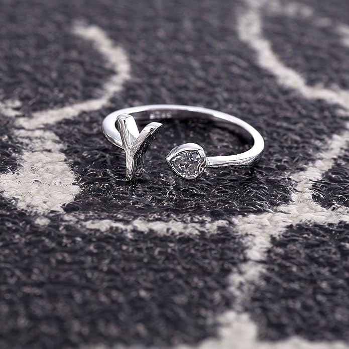 VIKI LYNN 925 Sterling Silver Rings Size 4.5 Adjustable Initial Letter Ring with Cubic Zirconia-Personalized Gifts for Women