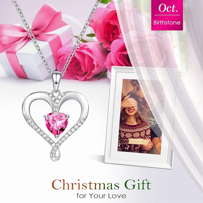 Birthstone Necklace for Women, 18K White Gold Heart Necklace Filled 925 Sterling Silver, Diamond Womens Jewelry Christmas Gifts for Women Wife