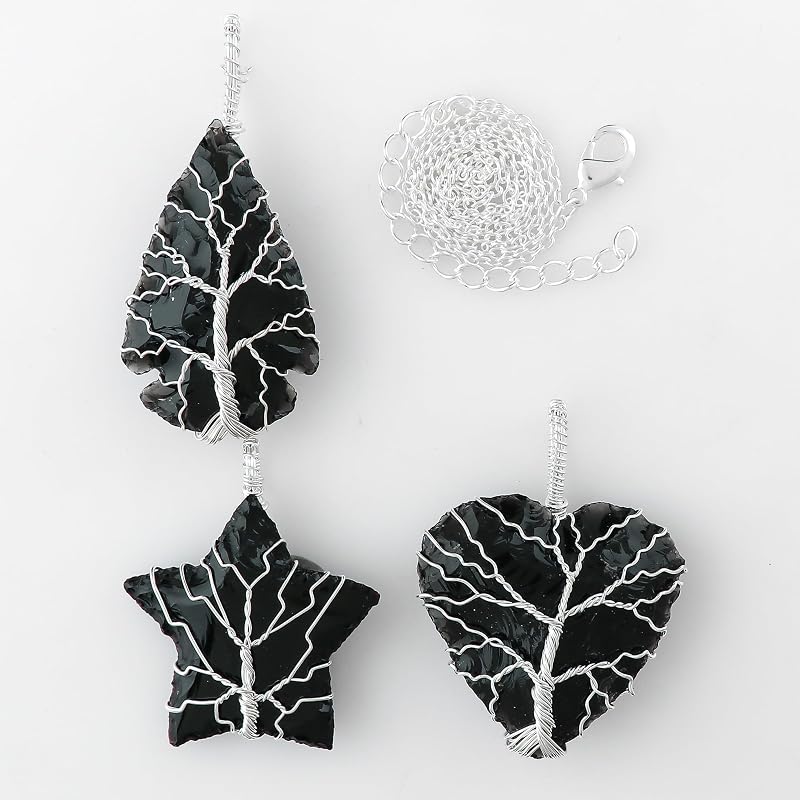Tree of Life Craft - Raw Black Obsidian Rough Crystals Pendant Necklace, Wire Wrapping, Gift Giving Women Jewelry with Dainty Silver Plated Chain 18 inch (3pcs)