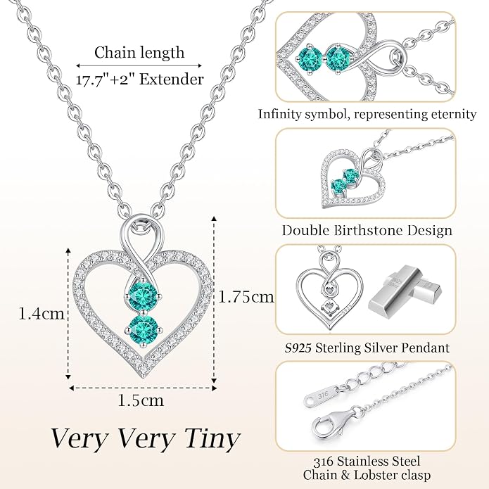 LOUISA SECRET Double Birthstone Necklaces for Women, 925 Sterling Silver Infinity Love Heart Pendant Necklace for Her, Birthday Anniversary Valentine's Day, Christmas, Wedding, Graduation Gift for Her, Personalized Gifts, Jewelry Gifts for Wife Mom Gir...