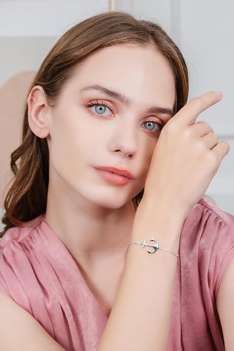 Hoops & Loops 925 Sterling Silver Sailor Anchor High Polished Hypoallergenic Anti-Tarnish Adjustable Bracelet for Women Men, Silver, Yellow Gold & Rose Gold