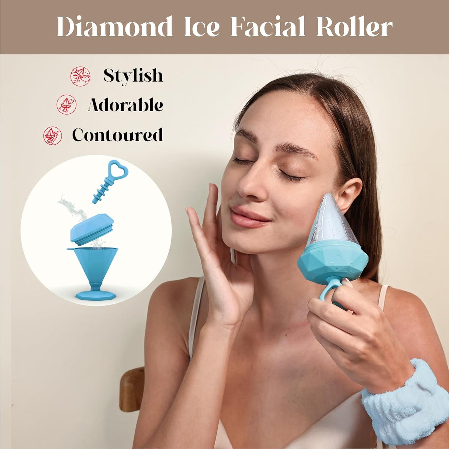 Rena Chris Ice Roller for Face: Diamond Ice Facial Roller, Reach Detailed Areas, De-Puff Eye Bags, Reusable Silicone Massage Ice Mold with Face Wash Wristband, Skin Care Tools for Women(Blue)