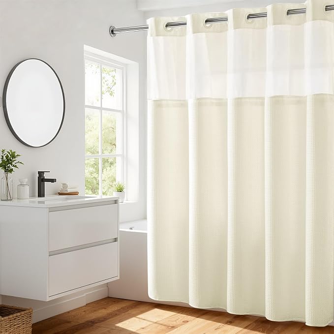 River Dream Heavyweight No Hooks Required Dotted Waffle Weave Shower Curtain with Snap in Liner - 71W x 74H,Hotel Grade,Spa Like Bath Curtain,Cream