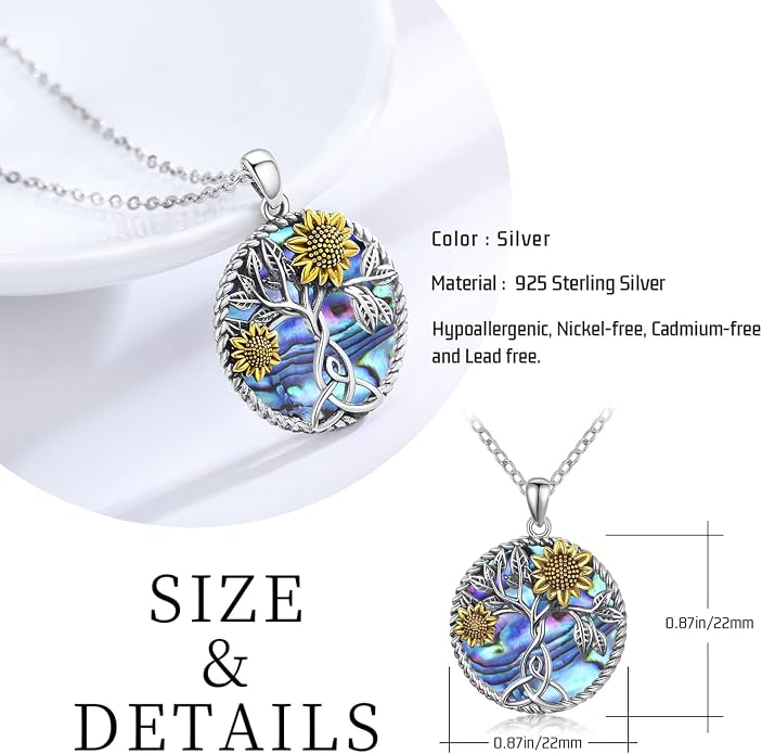 CHENGHONG Sunflower Necklace 925 Sterling Silver Tree of Life Necklace Daisy/Rose/Sunflower Pendant Necklace Sunflower Jewelry Gifts for Women Mom