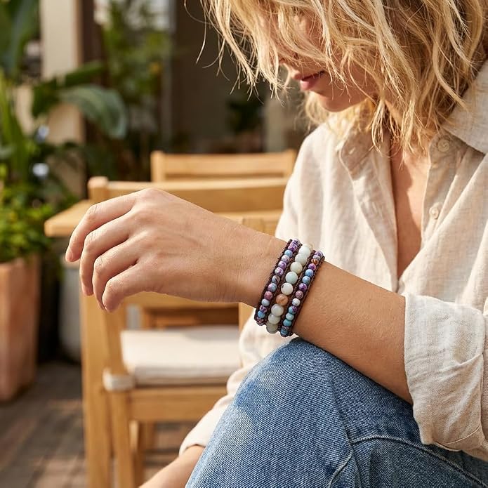 YGLINE Boho Handmade Natural Stone Bead 3 Row Wide Wrap Wrist Statment Bracelet Jewelry Collection