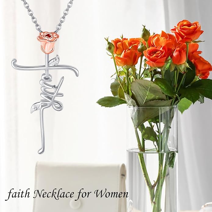 Faith Cross Necklace For Women Birthstone Sterling Silver with Simulated Birthstone Cross Jewelry Christian Gifts