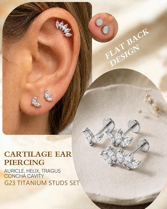 YACHY G23 Titanium Flat Back Stud Earrings, Internally Threaded Screw-On Hypoallergenic Body Piercing Jewelry for Everyday Wear, Tragus Helix Conch Monroe Medusa Lip, 18G 6mm 8mm