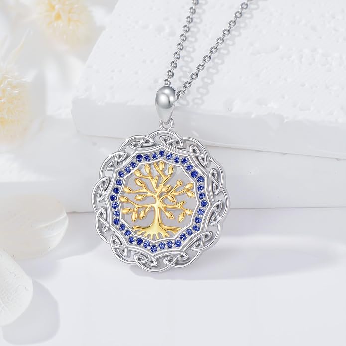 Sterling Silver Birthstone Celtic Tree of Life Necklace, 18K Gold Plated Colored Gemstone Tree of Life Pendant Two-Tone Necklaces Jewelry Birthday Gifts for Women 18" - 20"
