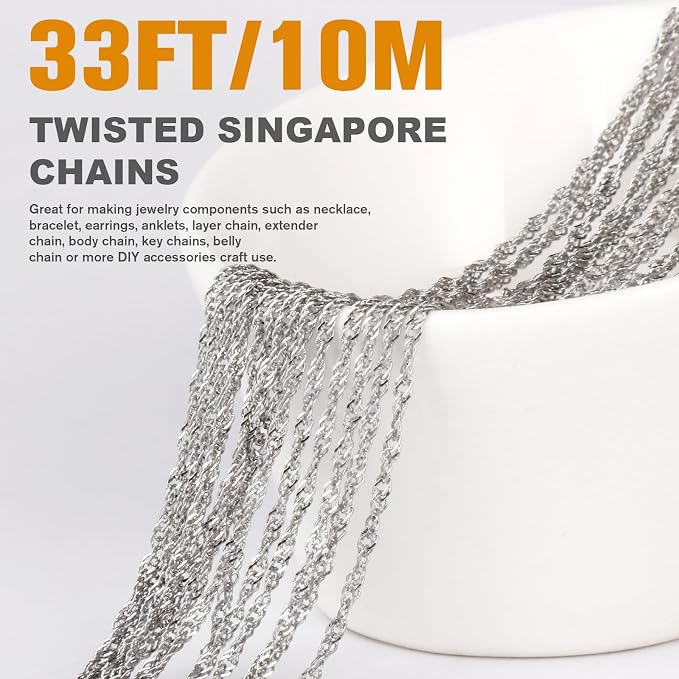 33 Feet Stainless Steel Singapore Chains Roll, 2mm 304 Stainless Steel Twisted Link Chain Bulk Spool for Jewelry Making DIY Craft