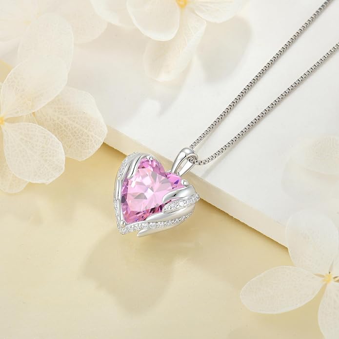 Angel Wings Necklace for Women 925 Sterling Silver Cubic Zirconia Love Heart Birthstone Pendant Necklaces