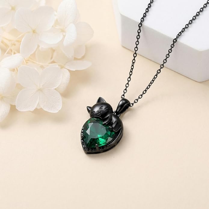 Cat Necklace Sterling Silver Cat Zircon Pendant Gothic Jewelry for Women Animal Lovers Gifts