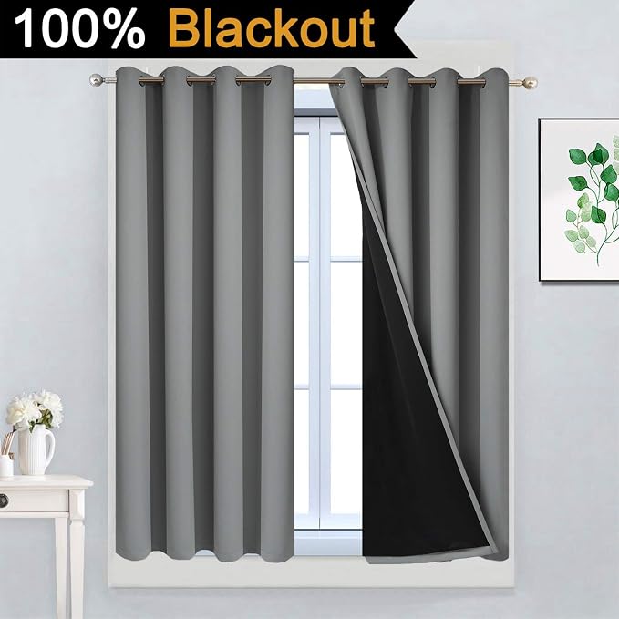 Yakamok Grey Blackout Curtains 45 Inches Long for Bedroom 52" Wide 2 Pcs | Blackout Curtain Panels for Bedroom, 2 Thick Layers Grommet Top Thermal Insulated Drapes with Black Liner for Living Room