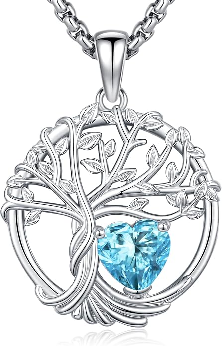Birthstone Tree of Life Necklace for Women Heart Crystal Pendant Silver Plated Birthday Anniversary Jewelry for Wife, Mom, and Her