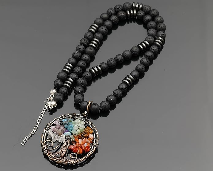 ElisaJewelryArt - Natural Labradorite Big Tree Of Life Black Lava Stone Beaded Necklace Genuine Gemstone Energy Stone Clasp Closure Necklace Unisex Necklace