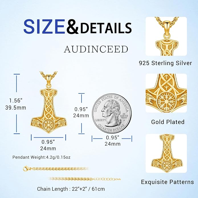 Thors Hammer Necklace/Viking Tree of Life/Valknut/Vegvisir/Triskelion/Sword/Spear Point Arrowhead/Urn Necklace for Ashes/Compass Necklace 925 Sterling Silver Amulet Jewelry for Men Women