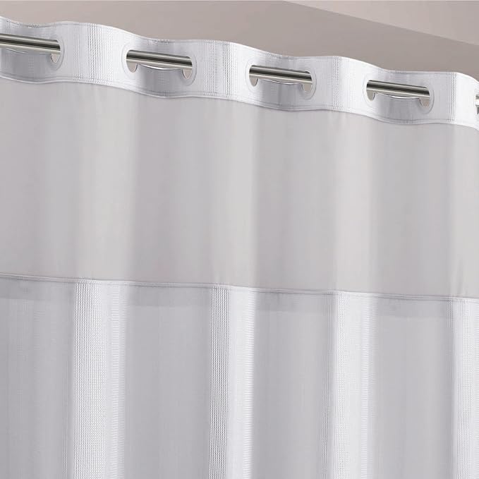 Hookless Waffle Stripe Shower Curtain Bright White 2-in-1 | Sheer Window Design | 71" x 74" | Flex-On Rings | Pack of 4