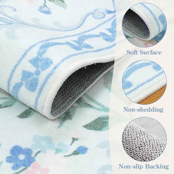 Collive 4x6 Rugs for Bedroom Girls, Boho Blue Floral Washable Area Rug Non Slip, Soft Indoor Decor Elegant Carpet for Kids Room Nursery Living Room Dining Room (Blue 4' x 6')