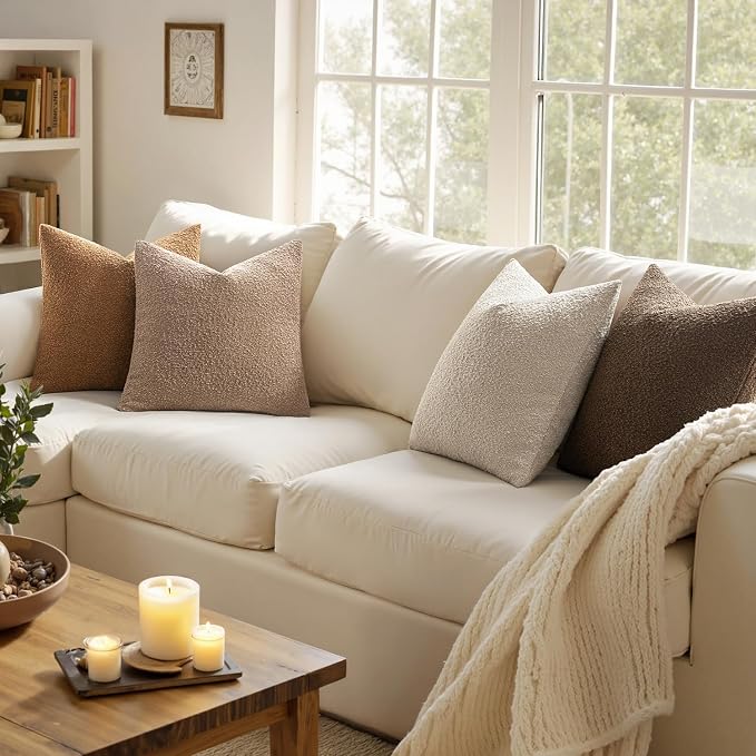 MIULEE Fall Euro Decorative Boucle Throw Pillow Covers 22x22 Brown Set of 4 | Shams Neutral Textured Accent Pillow Cases Couch Cushion Covers Modern Farmhouse Boho Sofa Bed Room Home Decor