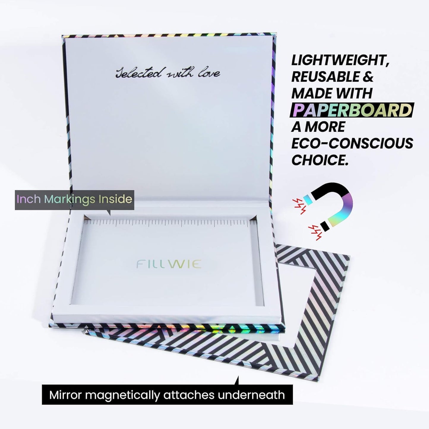 Empty Magnetic Makeup Palette with Mirror, Spatula, 20 Metal Stickers, Suitable for Eyeshadow Lipstick Blush Powder Highlighter and Contour, DIY Refillable, Holographic Stripes (Black, Medium)