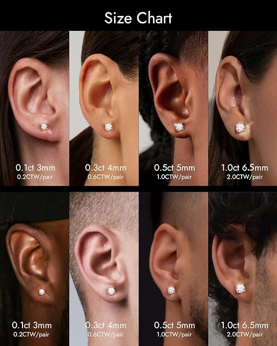 Moissanite Ear Stacking Set, 18K White Gold Plated 925 Silver Flat Back Studs with 0.3ct & 0.1ct Pairs (0.8ctw), Poke-Free Hypoallergenic Jewelry Gift