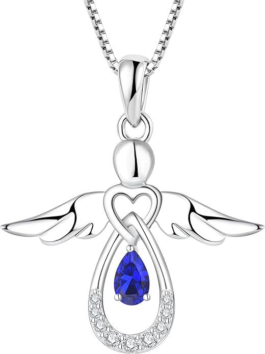 FJ Guardian Angel Necklace 925 Sterling Silver Birthstone Pendant Angel Jewelry Gifts for Women