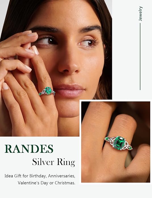 925 Sterling Silver Birthstone Rings for Women Cushion Cut Engagement Celtic Knot Ring Irish Jewelry Created Gemstone Anniversary Rings Size 6-10(with Box)