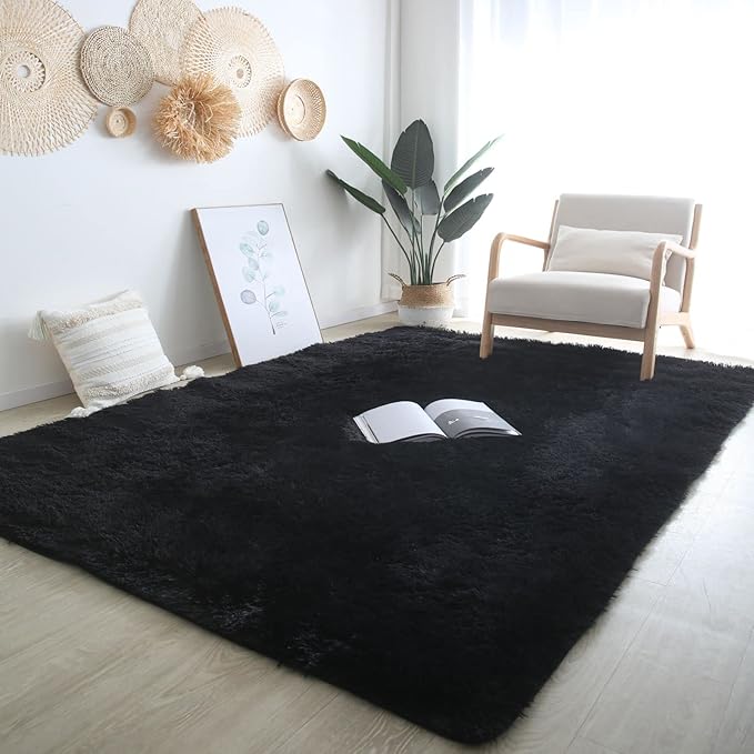 CAIYUECS Black Fluffy Rug 3x5 Bedroom - Soft Plush Bedside Dorm Rug | Wake Up Softer - Microfiber Shag Pile Wraps Bare Feet In Warmth The Moment You Step Out Of Bed, Every Morning