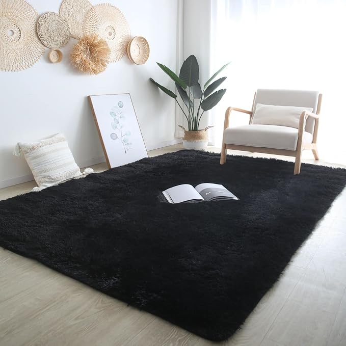 Black Shag Area Rug 8x10 Living Room - Large Soft Fluffy Area Carpet | Black Style: Naturally Hides Dirt And Pet Hair - Perfect For Living Rooms Bedrooms Pet-Friendly Areas