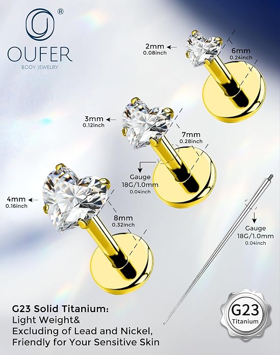 OUFER 18G 6/7/8MM Flat Back Cartilage EarRings-3PCS Gold Titanium Extended Internally Threaded Lip Piercing 2/3/4MM Round Clear CZ Helix Piercing Jewelry