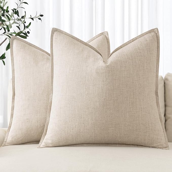 MIULEE Decorative Linen Pillow Covers 18x18 Inch Natural Beige | Boho Farmhouse Neutral Couch Throw Pillows for Bed, Pack of 2 Accent Modern Pillowcases, Sofa Livingroom Home Decor