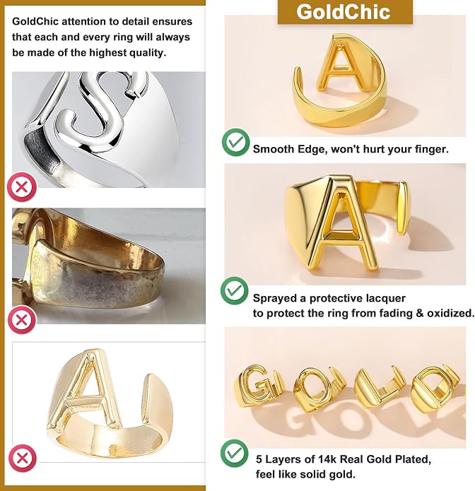 KeyStyle Bold Initial Letter Rings Adjustable, GoldChic Jewelry Women Gold Statement Ring Personalized Engraved Women’s Open Signet Ring for Party (Gold, White Gold, Black)