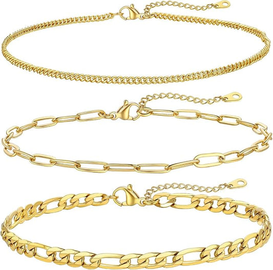 FOCALOOK Anklet Bracelets Set for Women, 14K Gold Plated Waterproof Cuban Link Chain Layered Anklets Set for Plus Size Ankle 8-10.5 Inch Adjustable Summer Beach Jewelry Gift