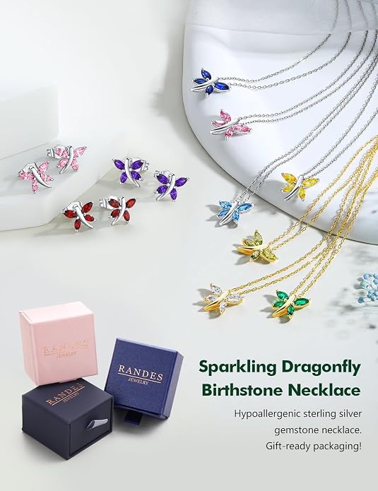 925 Sterling Silver Birthstone Necklaces for Women, Dainty Cute Dragonfly/Butterfly Pendant Necklace, Great Christmas/Anniversary Jewelry for Mother
