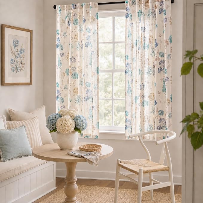 jinchan Floral Linen Curtains 63 Inch Vintage Cottagecore Back Tab 2 Panels | Light filtering drapes, semi sheer, farmhouse, botanical, watercolor, living room, bedroom, rod pocket, window treatment