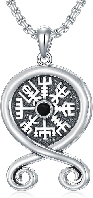 Viking Necklace for Men S925 Sterling Silver Odin/Troll Cross/Compass/Raven/Valknut/Axe Rune Amulet Necklace Norse Jewelry for Christmas Birthday