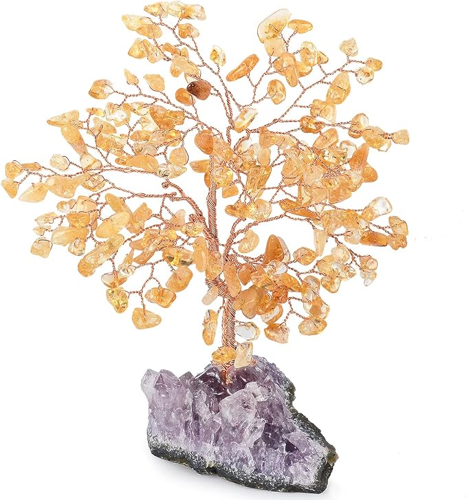 Natural Citrine Crystal Tree with Amethyst Geode Base,Crystal Ornaments Feng Shui Bonsai Money Tree,Chakra Balancing Positive Energy Figurings Decor 5.5"-6.3"