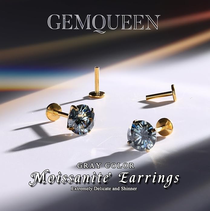 GEMQUEEN Moissanite Earrings G23 Titanium Extended Internal Thread Flat Back Earrings Hypoallergenic Tragus Cartilage Helix Conch Piercing Jewelry for Women Men 18G 6/8mm Post Gray/D Color 0.2-3CT