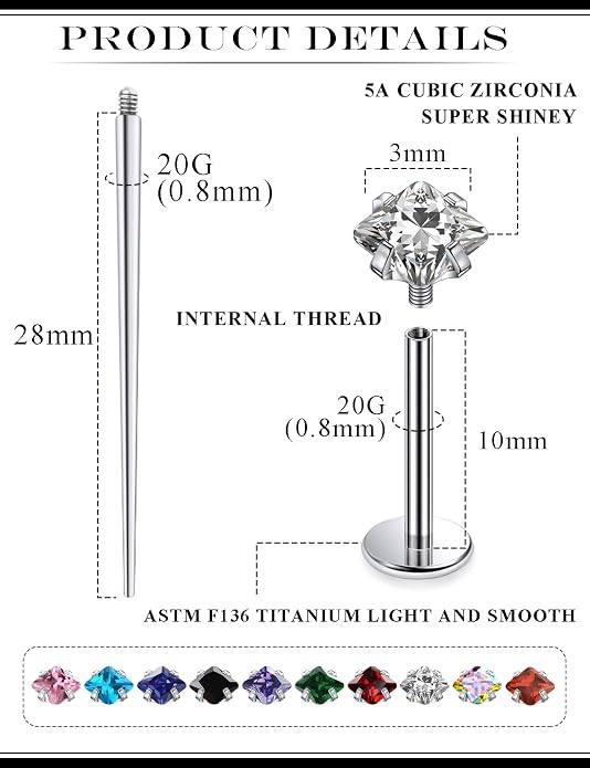 20G 18G 16G Astm F136 Titanium Internal Thread Flat Back Earrings Nose Studs Tragus Helix Conch Cartilage Lobe Earrings Medusa Labret Snake Bite Monroe Lip Ring Piercing Jewelry For Women Men
