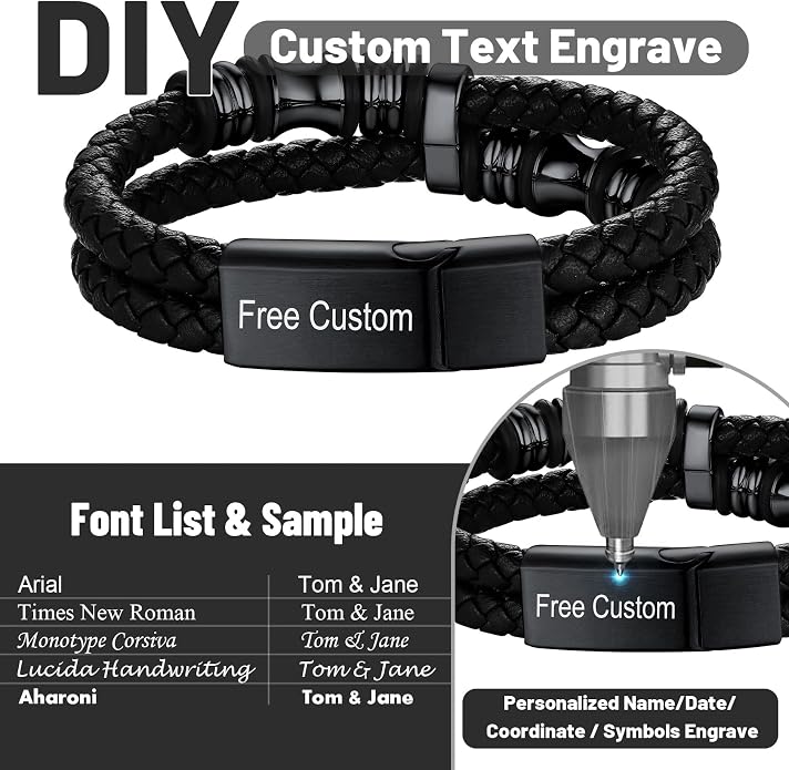 ChainsHouse Mens Wrap Braided Leather Black Bead Bracelets Bangles, Vintage Star of David/Wing Skull/Templar Cross Genuine Leather Bracelet, Customize Available, Size 7.5/8.3/9.0 Inch, Send Gift Box
