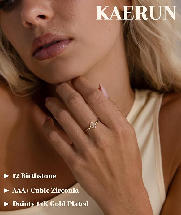KAERUN Clover Birthstone Gold Rings for Women Non Tarnish 14K Gold Plated Stackable Thumb Ring Dainty Clover CZ Gemstone Emerald Engagement Rings Wedding Band Jewelry for Birthday Gifts Size 6-10
