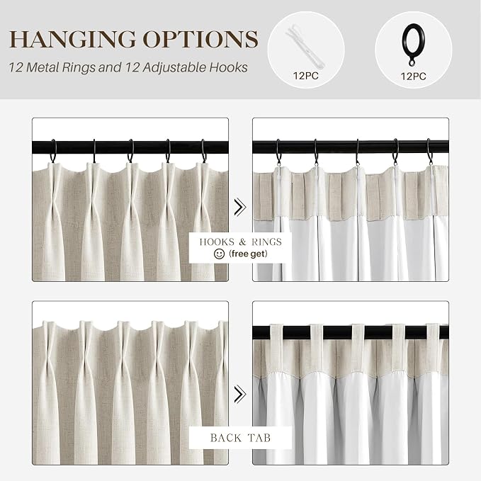 IVAPUPU Natural Pinch Pleated 100% Blackout Linen Curtains 90 Inch Length for Bedroom, Black Out Pinch Pleat Curtains for Living Dining Room Darkening Thermal Insulated Drapes with 16 Hooks, 2 Panels