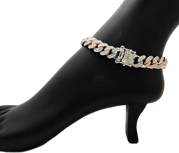 Fashion 21 Women's Stone Filled 10mm, 12mm Various Length Box Lock Cuban Chain Anklet