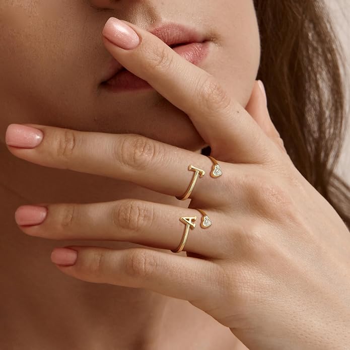 MILACOLATO 925 Sterling Silver Initial Rings for Women Teen Girl 18K Gold Plated Heart Initial Rings Adjustable Capital Letter Ring Stackable Thumb Pinky Rings for Daughter Birthday Bridesmaid Gifts Jewelry, A to Z